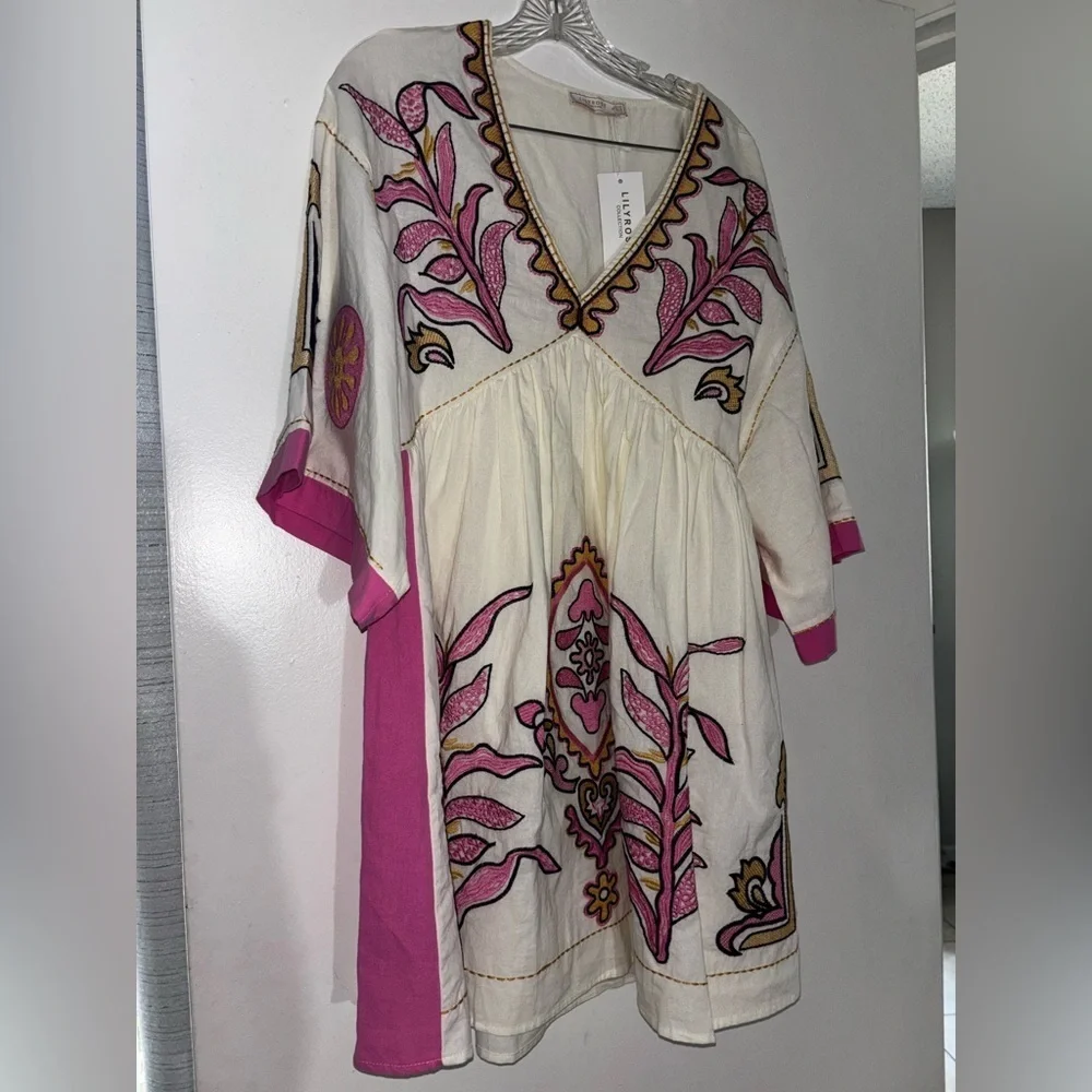 Bohemian Embroidered Dress with Pink Accents